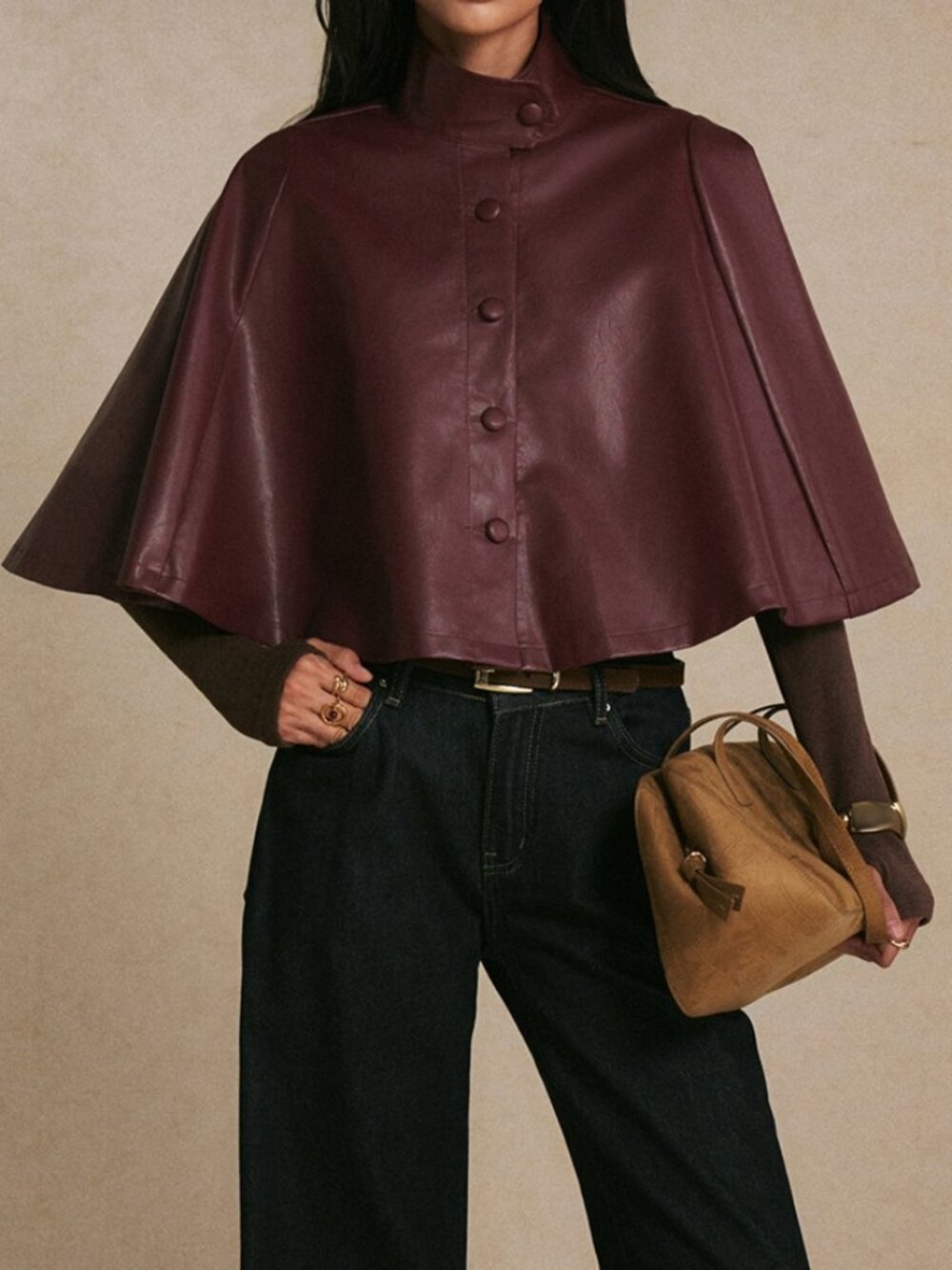 Burgundy Elegant Women's Polyurethane Cape Trench Coat